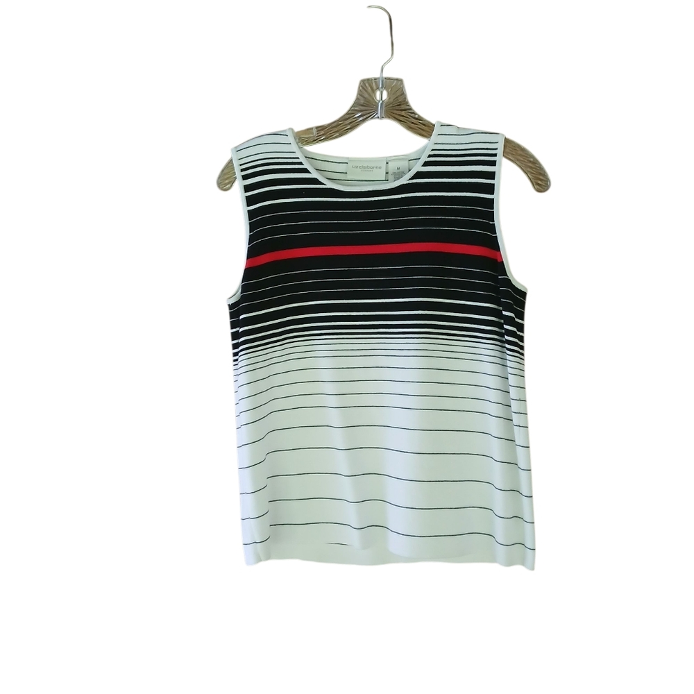 Liz Claiborne White Black Red Striped Sleeveless Cotton Sweater Size Medium